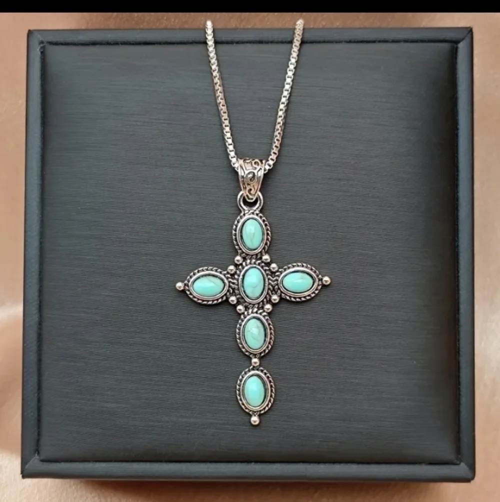 Silvertone Turquoise Cross Pendant Necklace